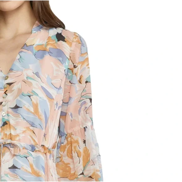 Entro Womens Large Floral Boho Preppy Pastel Long Sleeve Split Neck Tiered Dress - Picture 13 of 14